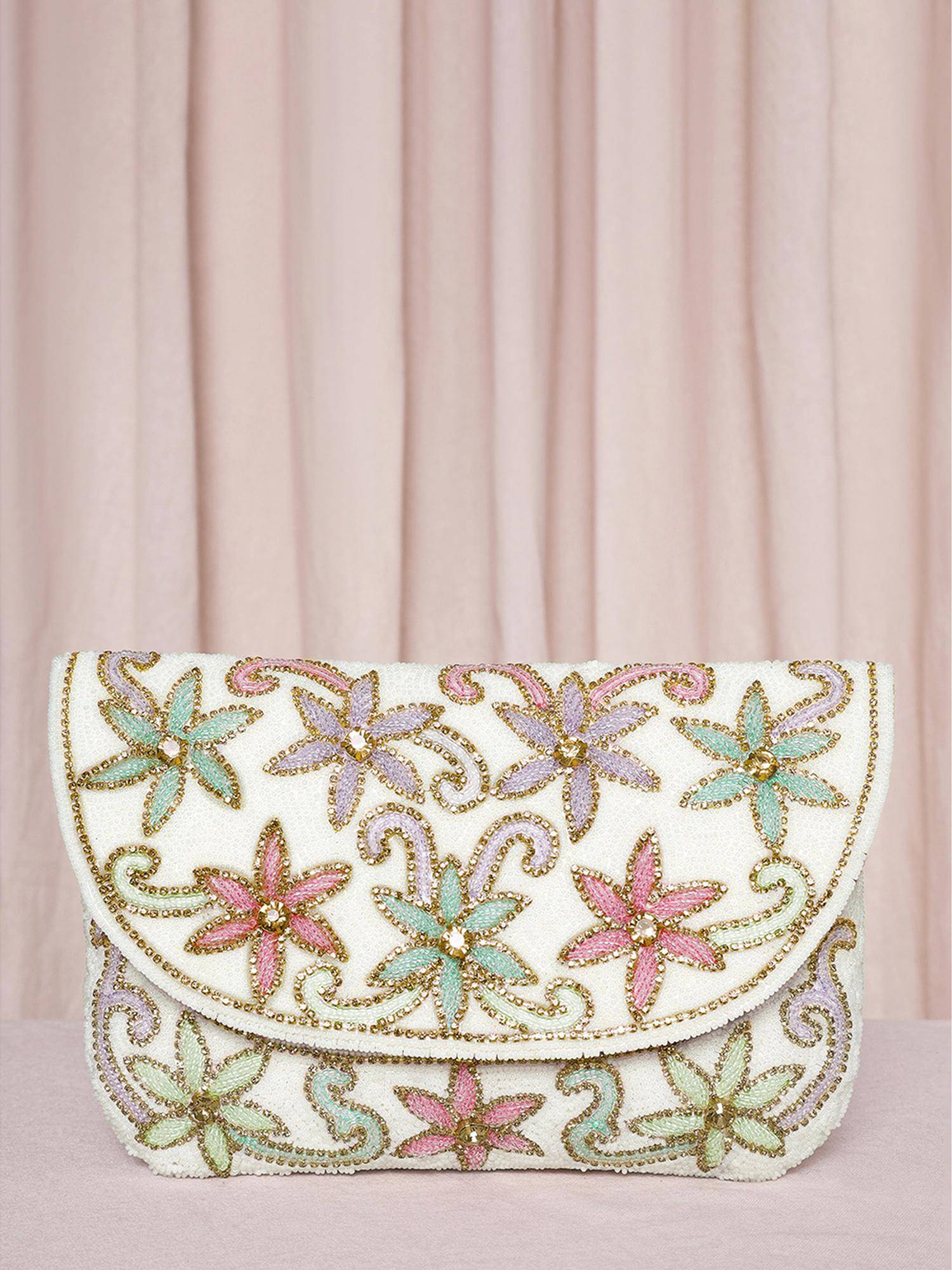Peora Womens White Floral Ethnic Clutch with Detachable Strap