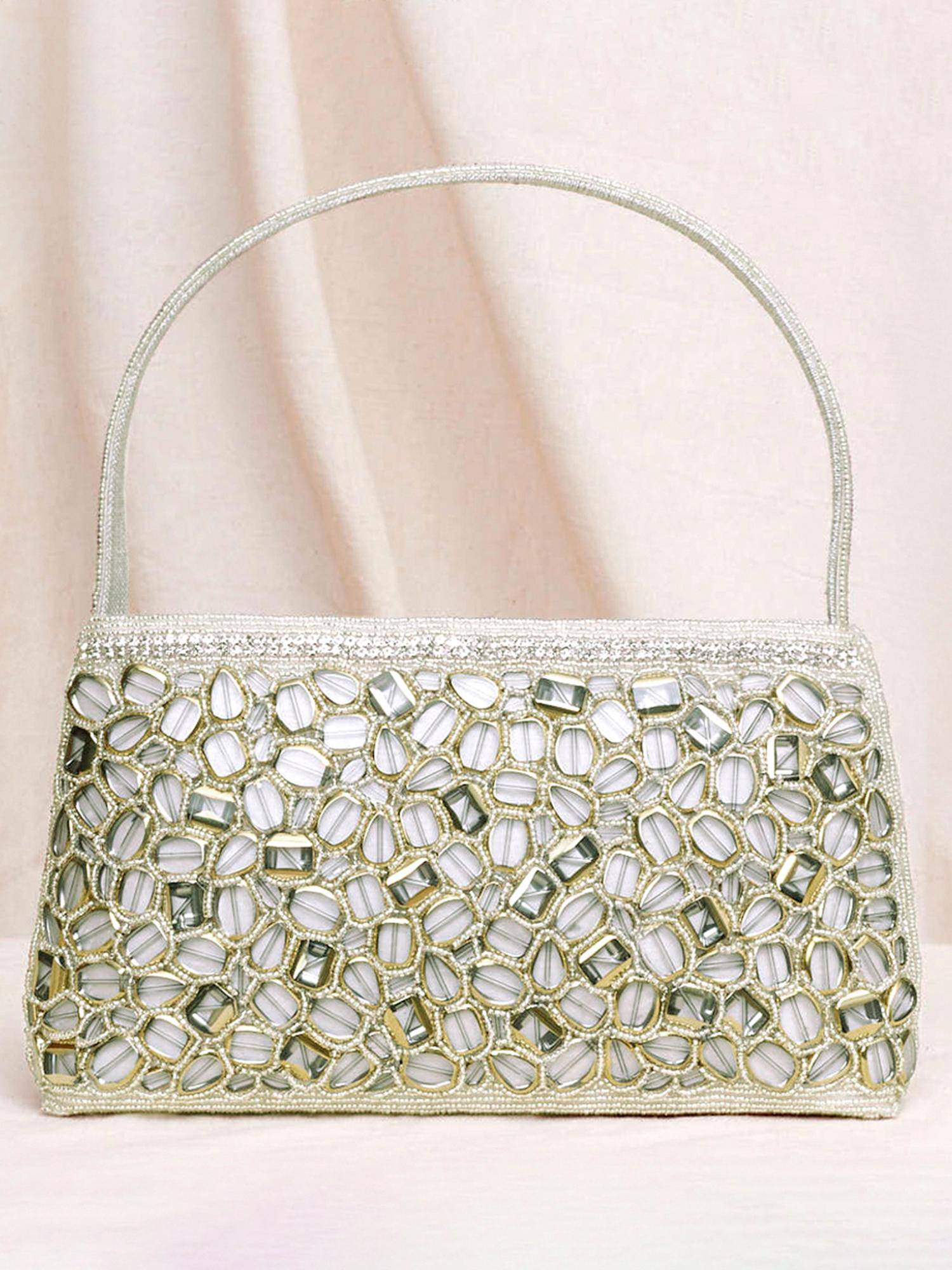 Peora Womens Silver Multi-Color Embellished Evening Handbag