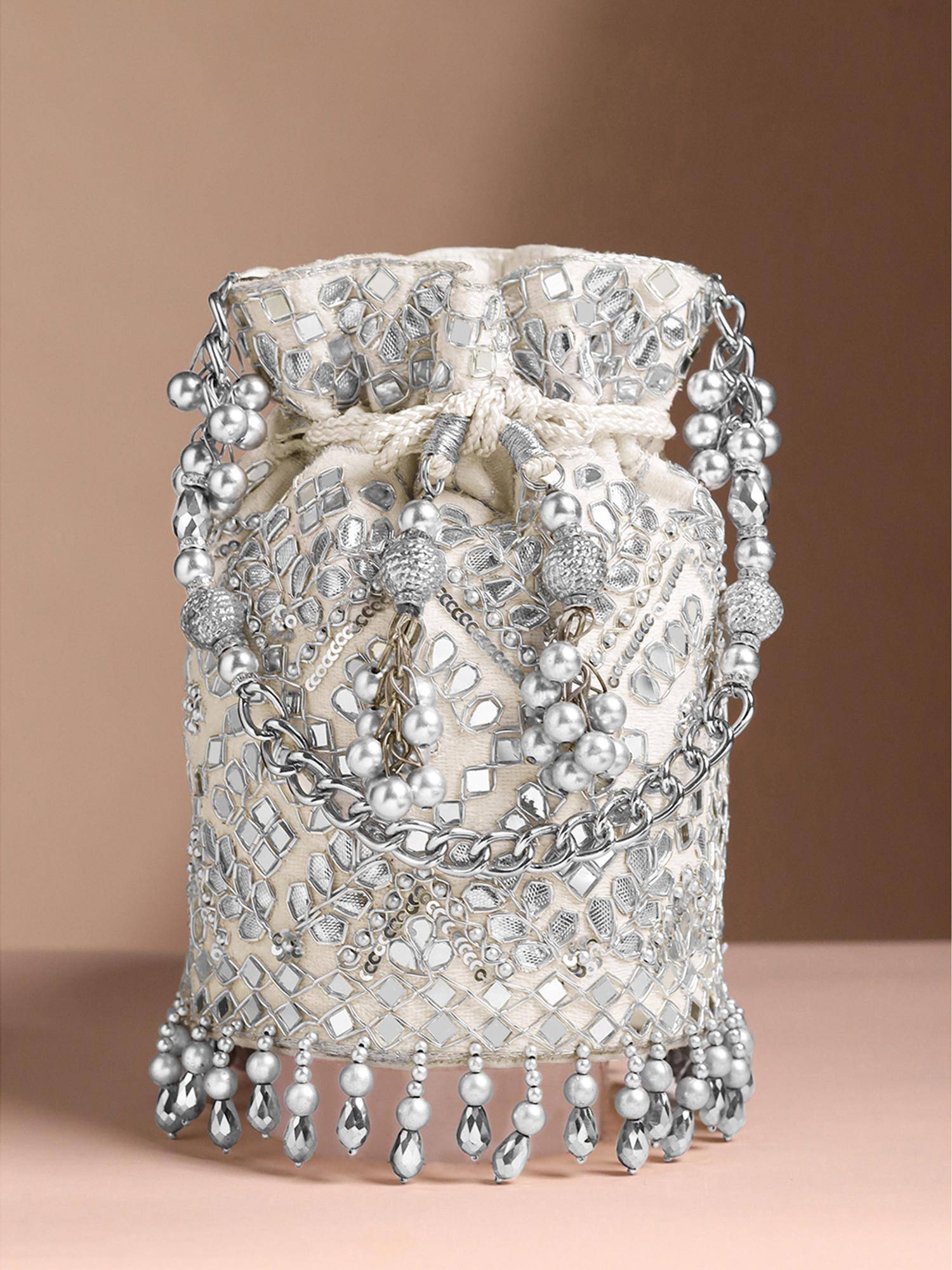 Peora Womens Ethnic Wristlet Silver Embellished Potli Bag