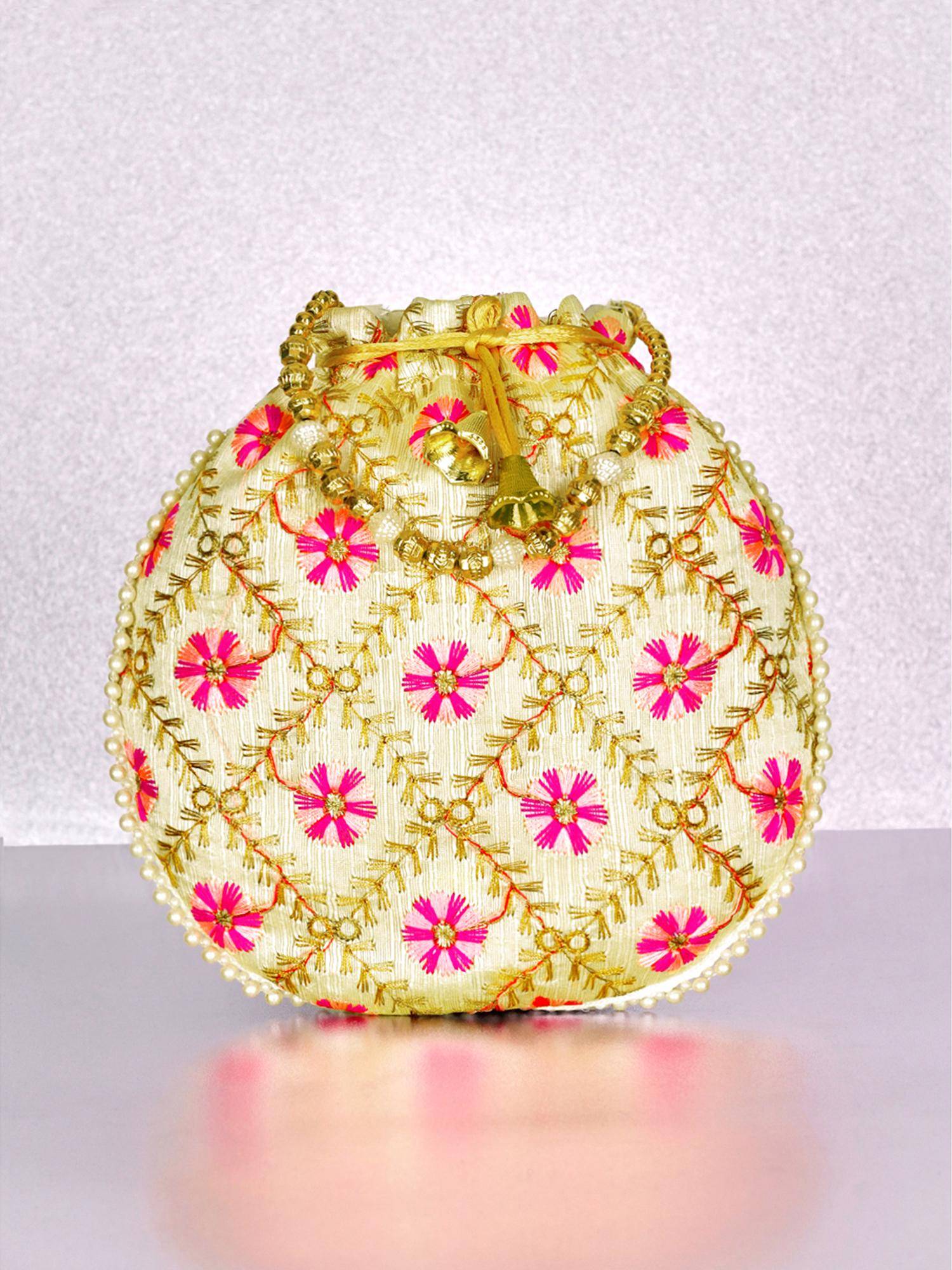 Peora Womens Rani Pink Ethnic Embroidered Floral Potli Bag