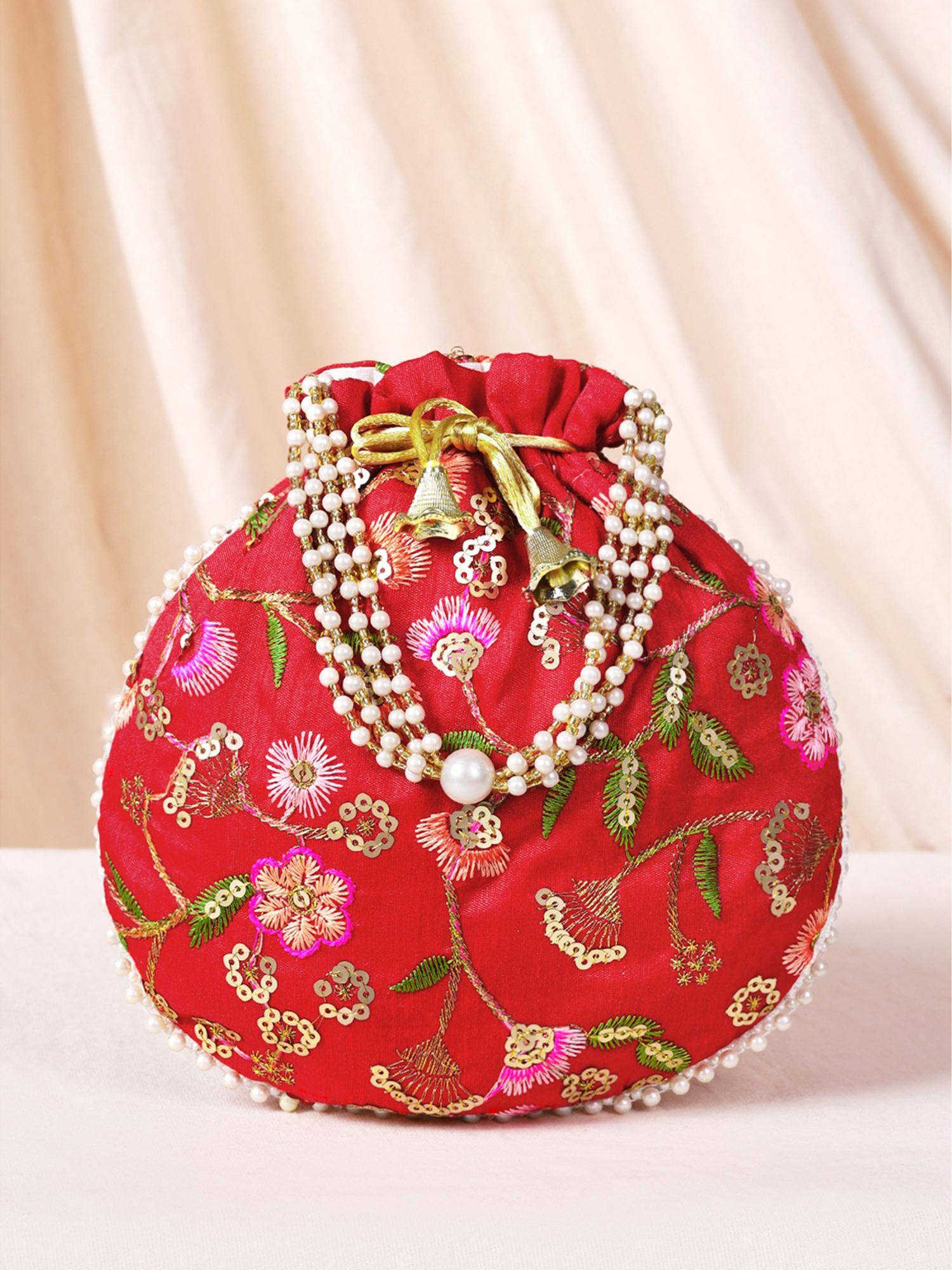 Peora Womens Fancy Evening Red Multi-Color Ethnic Embroidered Potli Bag