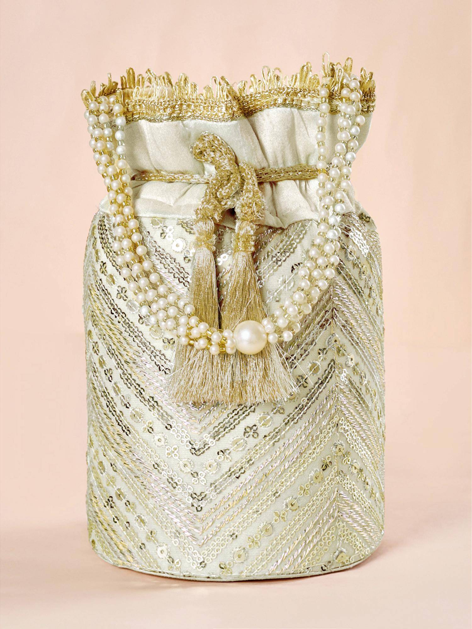 Peora Womens Ethnic Cream Embellished Potli Bag