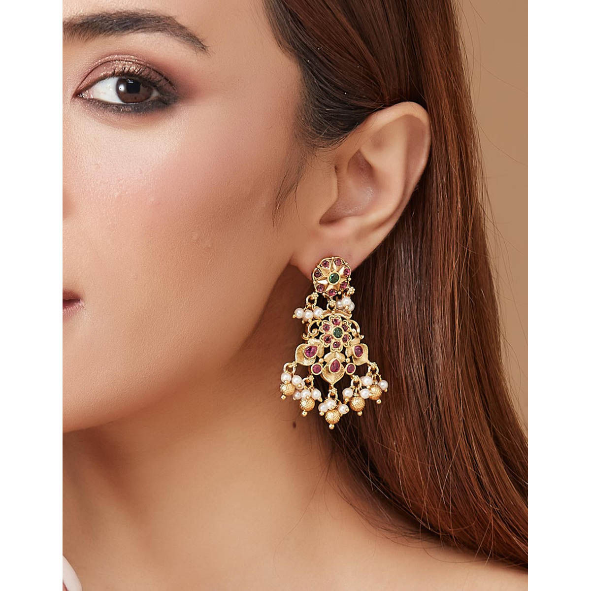 Buy Fabindia Women Multi Stone Pearl Metal Drop Earrings Online