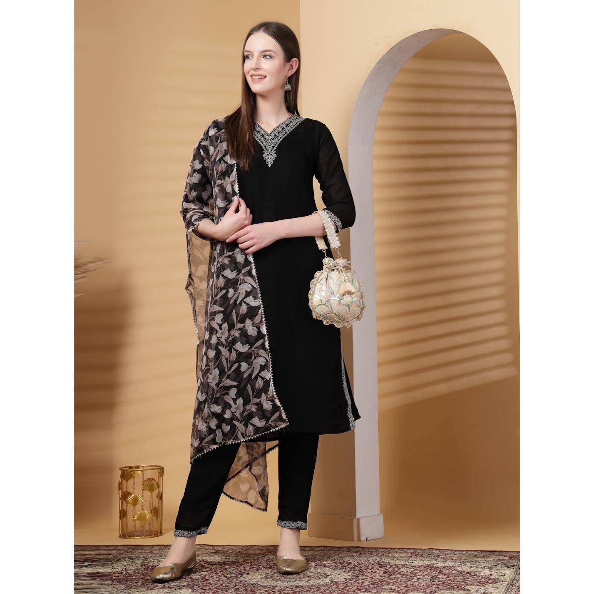 Anekaant Dangle Champagne Gold and Pastel Multi Scale Embroidered Georgette Potli