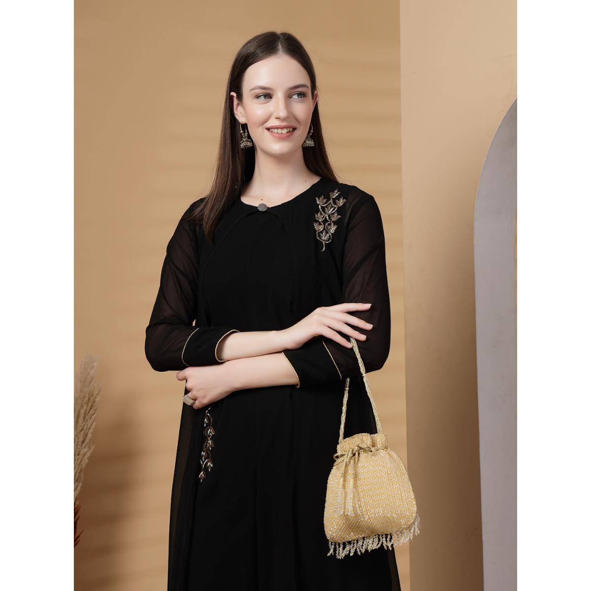 Anekaant Dangle Gold Striped Embellished Faux Silk Potli