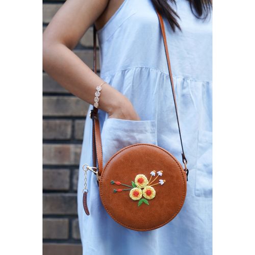 Buy Tan Brown & Denim Floral Round Sling Bag Online