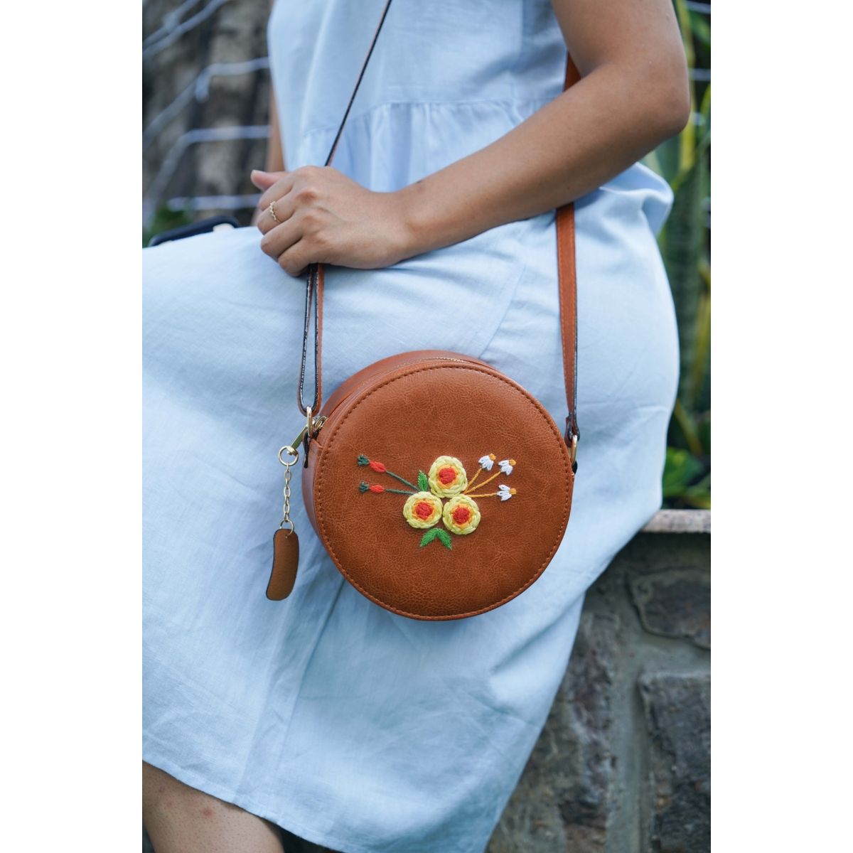 Miri Tan Hand Embroidered Yellow Three Roses Sling Bag