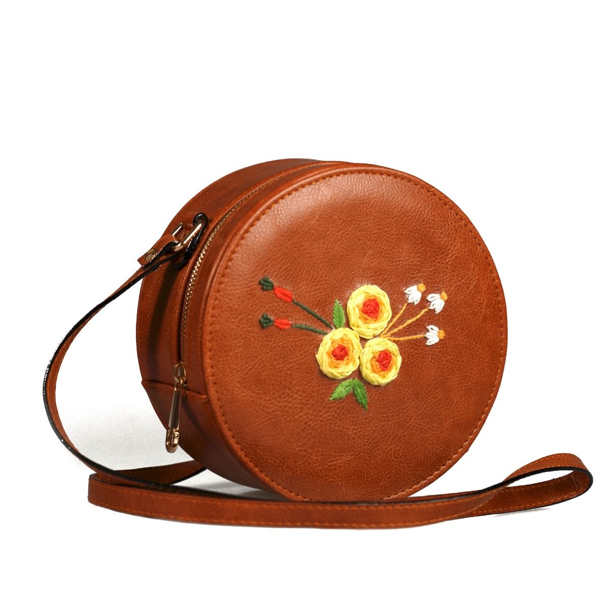 Miri Tan Hand Embroidered Yellow Three Roses Sling Bag