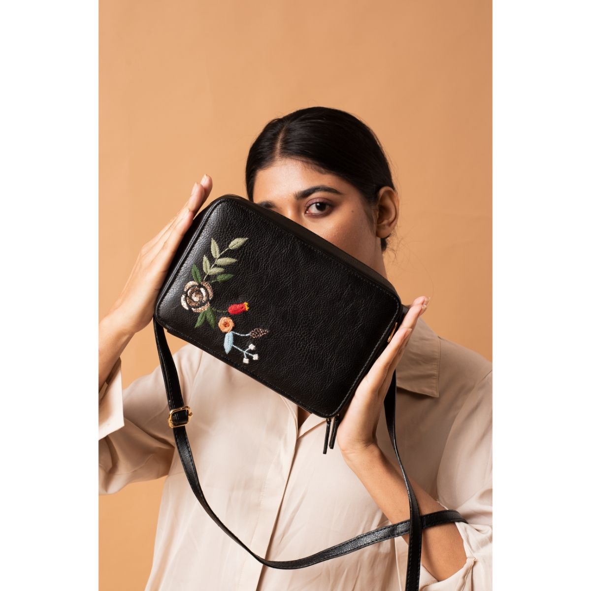 Miri Black Hand Embroidered Mukaish Art Silver Rose Sling Bag: Buy