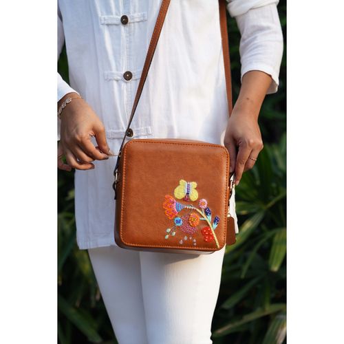 Miri Tan Hand Embroidered Butterfly in My Garden Sling Bag