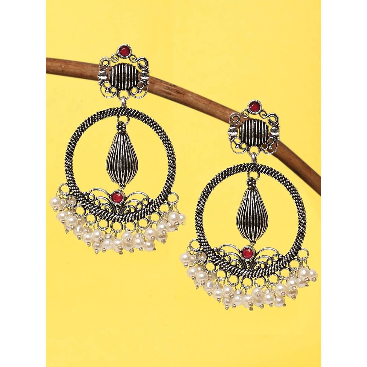 OOMPH Oxidised Silver Look Alike Maroon Stone Round Floral Drop Earrings