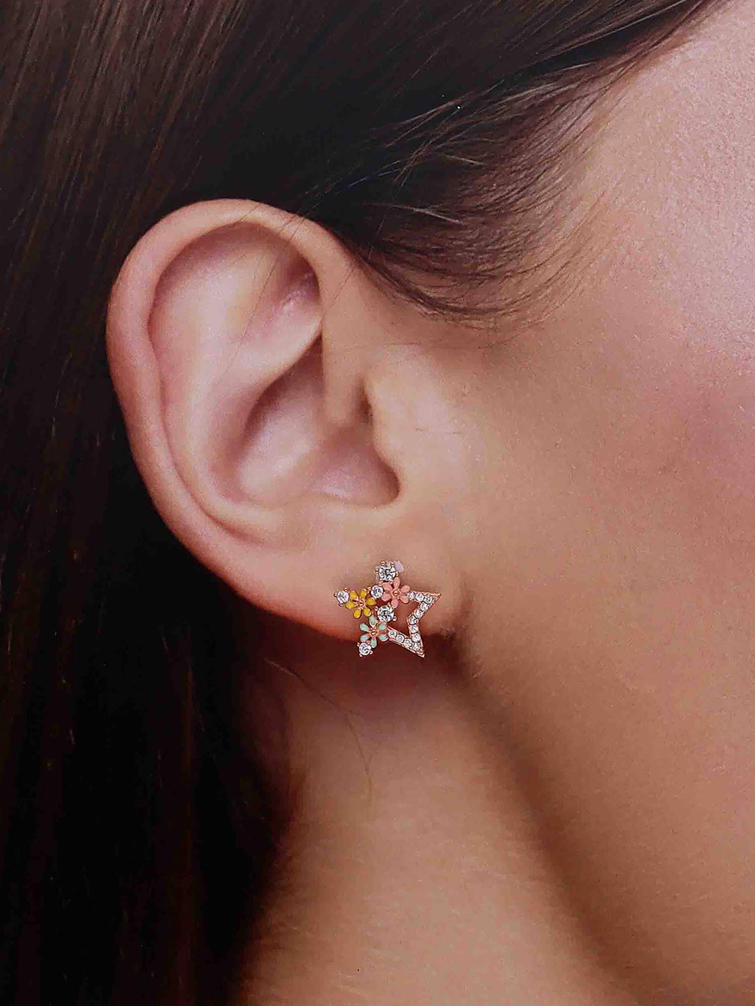 Kai Jewel 925 Silver Rose Gold Star Enamel Flowers Stud Earrings
