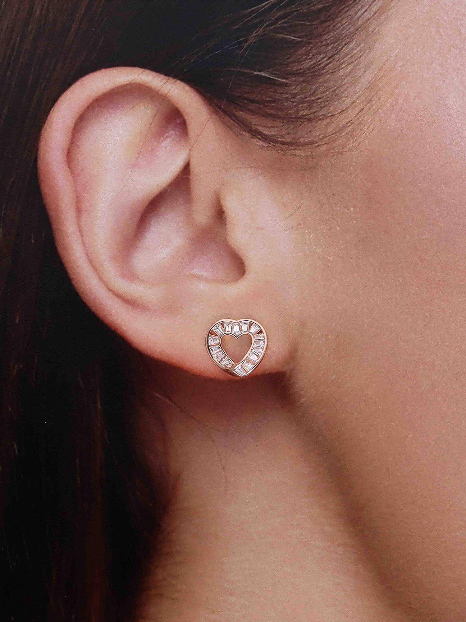 Kai Jewel 925 Silver Rose Gold Heart-Shaped Baguette Stud Earrings