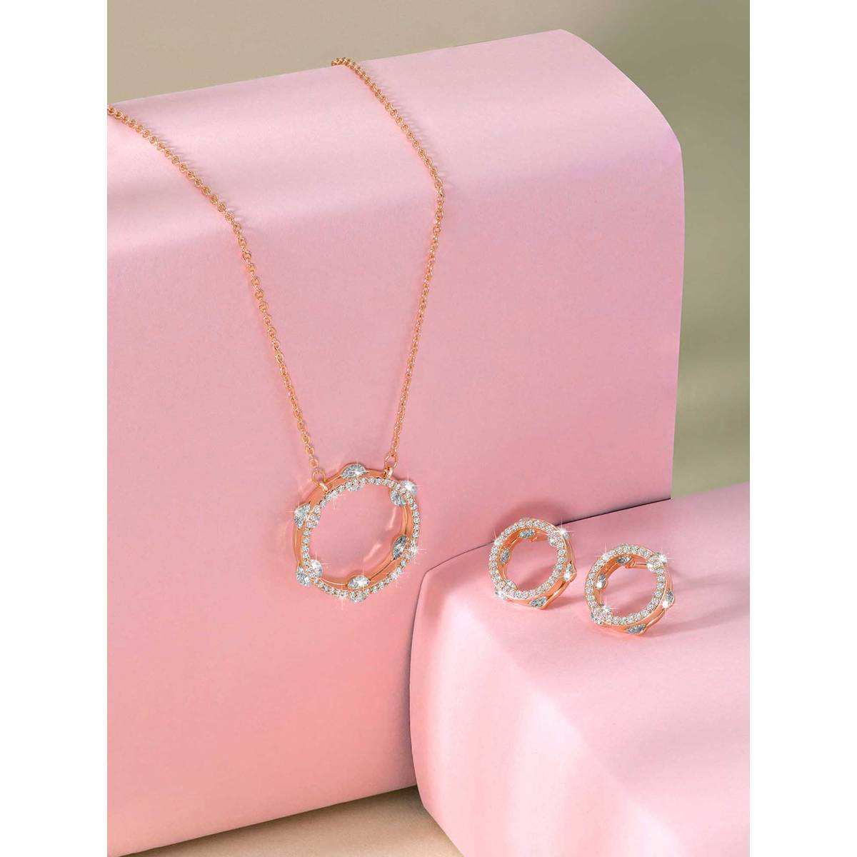 Peora Rose Gold Plated CZ Studded Circle Necklace and Stud Earrings Jewellery Set