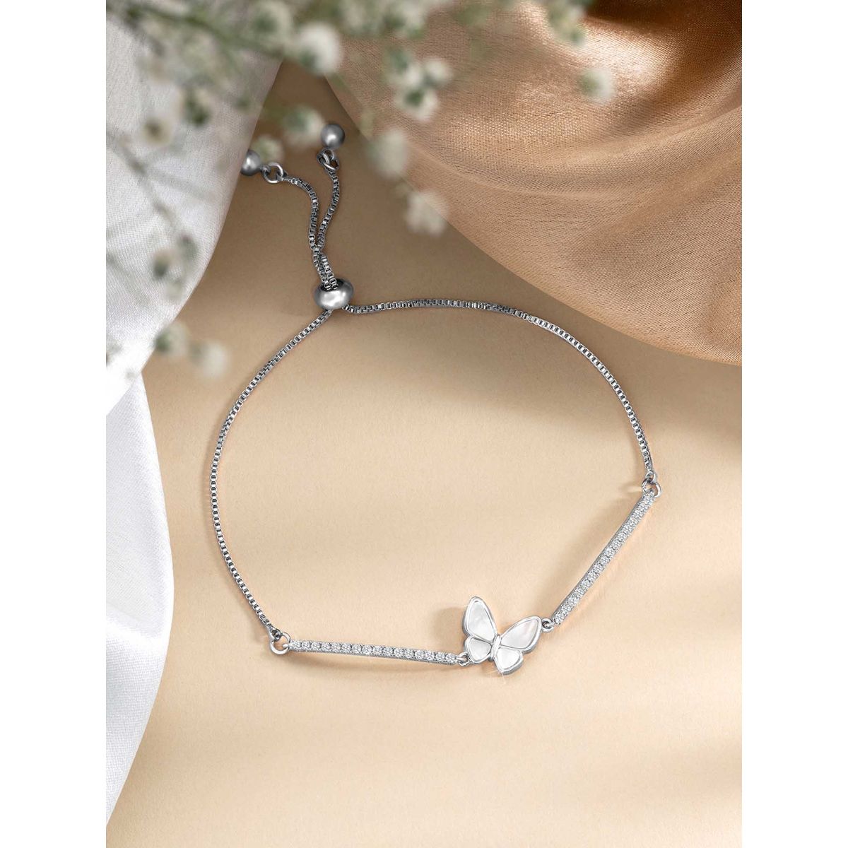 Peora Silver Plated CZ Mother of Pearl Butterfly Shape Adjustable Bracelet  for Women