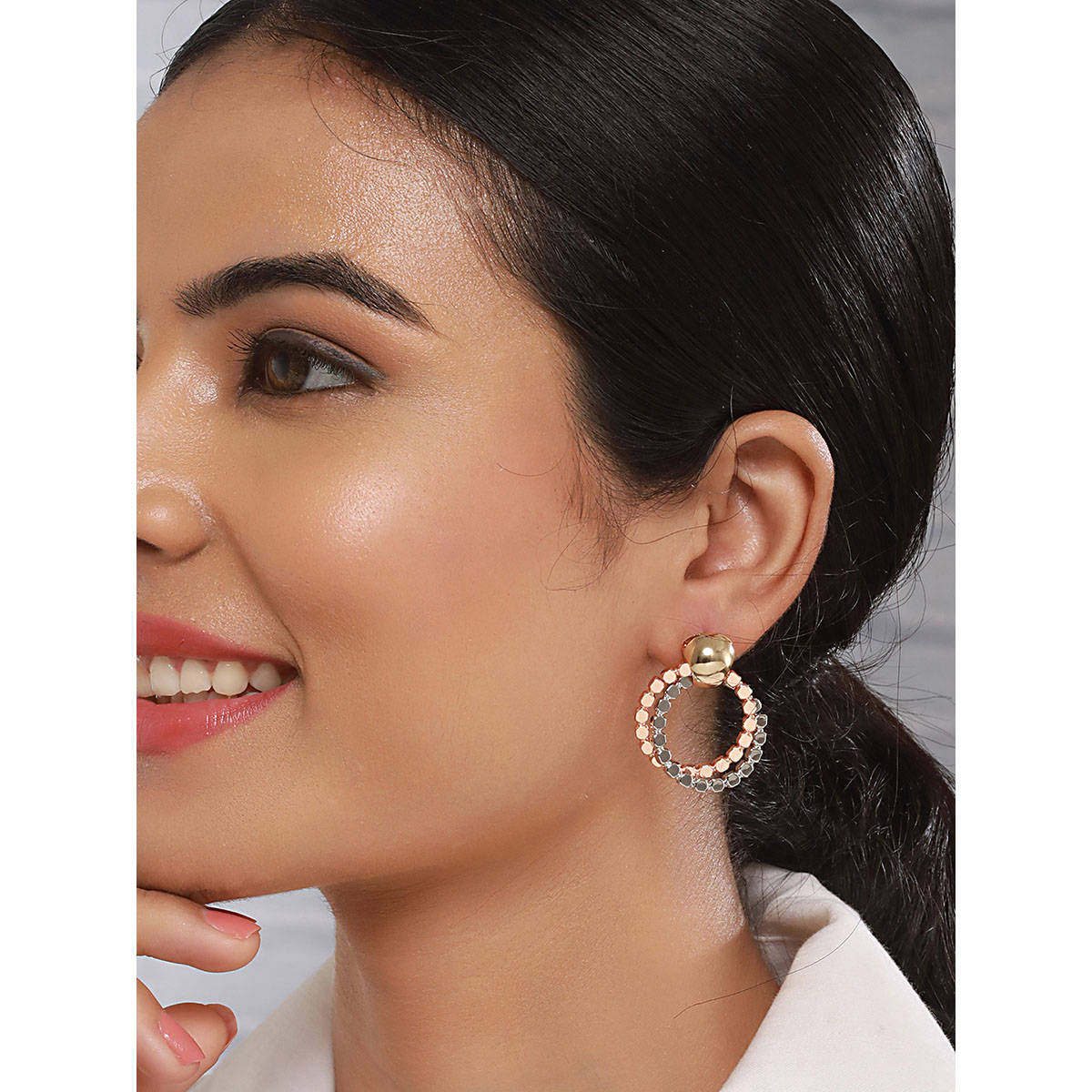Saraf RS Jewellery Anti-Tarnish Silver and Rose Gold Plated Hammered Circular Hoop Earring