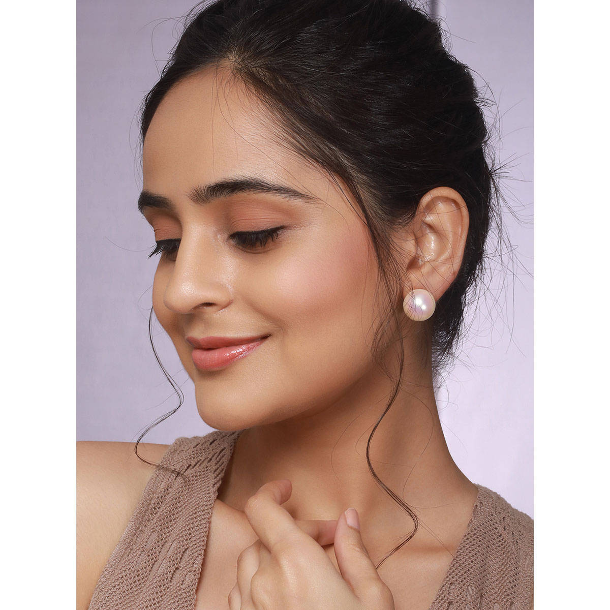 Saraf RS Jewellery Anti Tarnish Gold Toned Round Pearl Studs 16 mm White Earring