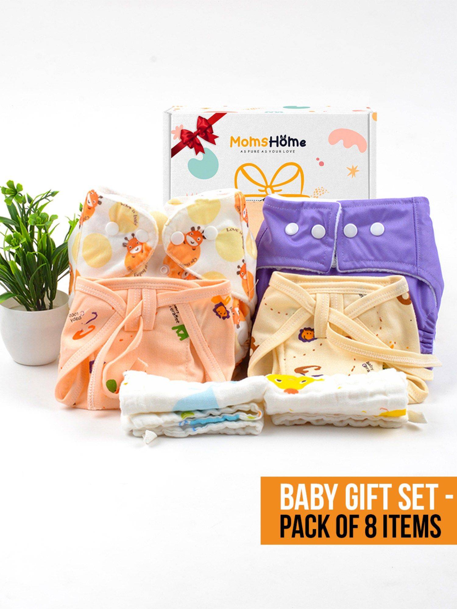 Moms Home New Born Organic Cotton Diaper Gift Set of 8