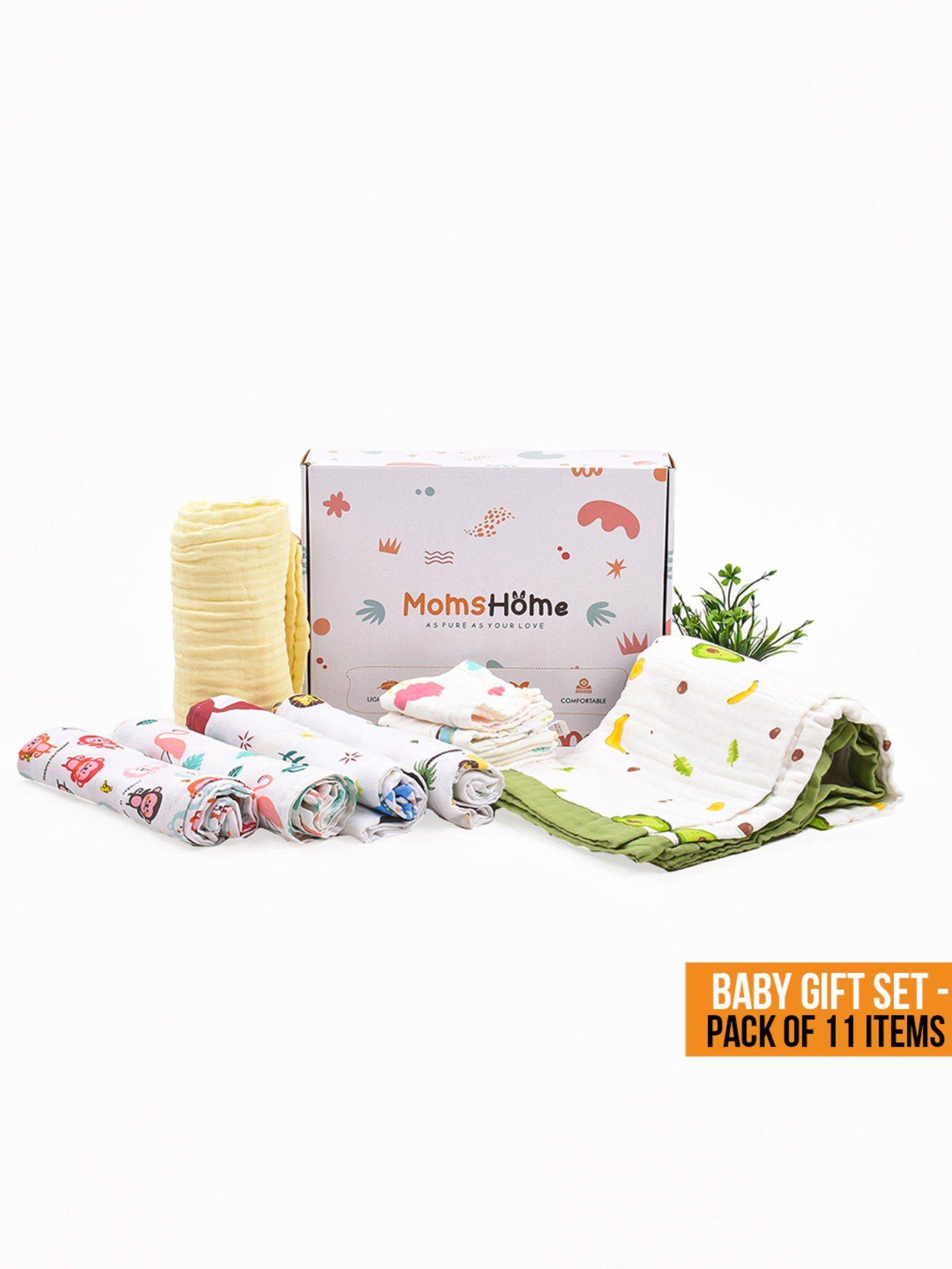 Buy Moms Home New Born Baby Organic Cotton Essentials Gift Set - 11 ...