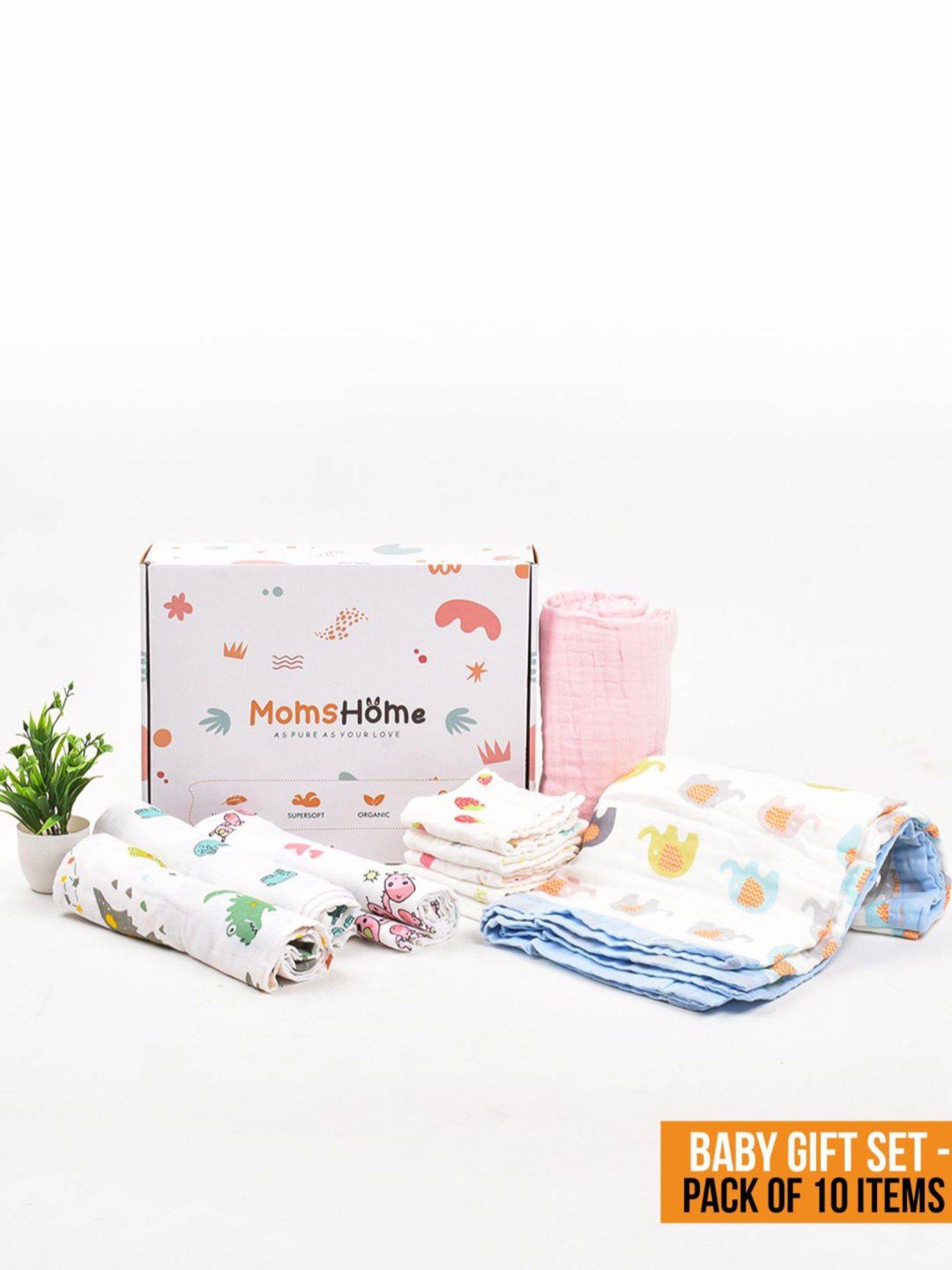 Moms Home New Born Baby Organic Cotton Muslin Gift Set - 10 Items