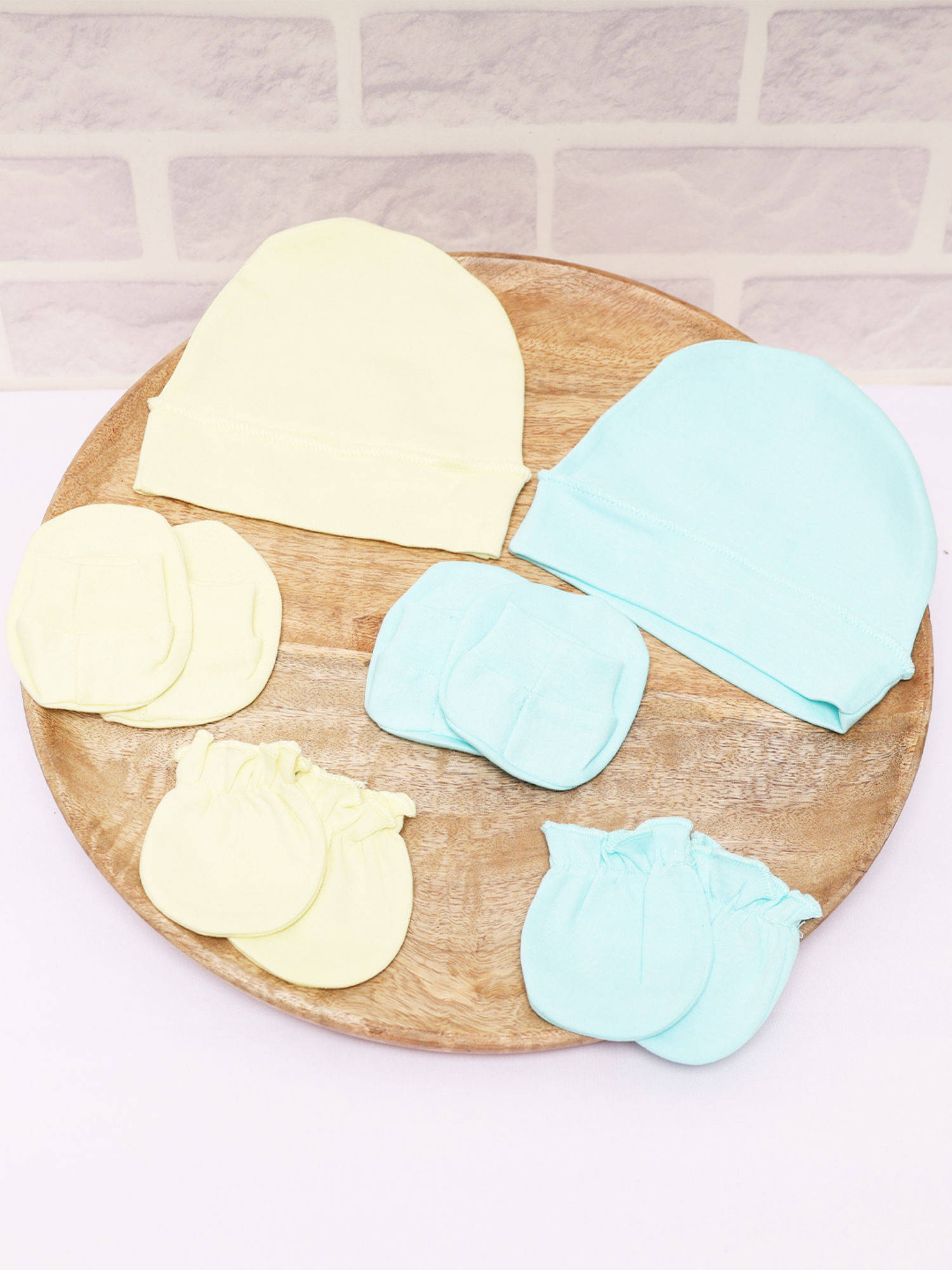 Moms Home Newborn Baby Cap Mitten Bootie Set Yellow & Blue (0-3 Months)