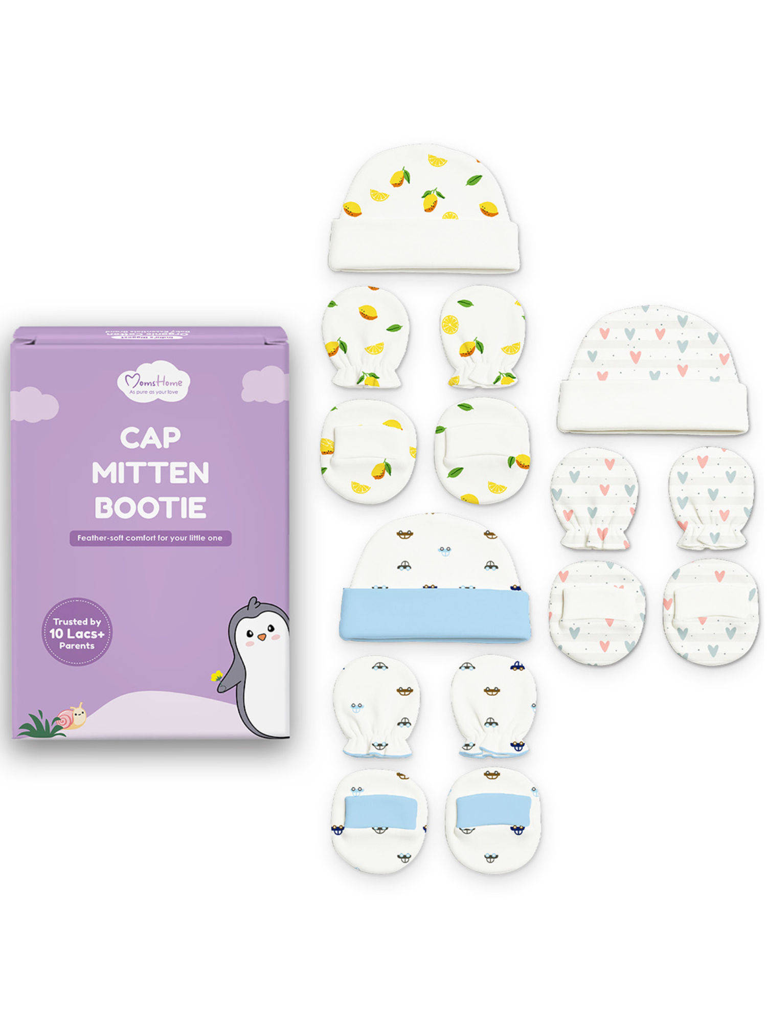Moms Home Newborn Baby Cap Mitten Bootie Set White & Multi-Color (0-3 Months)