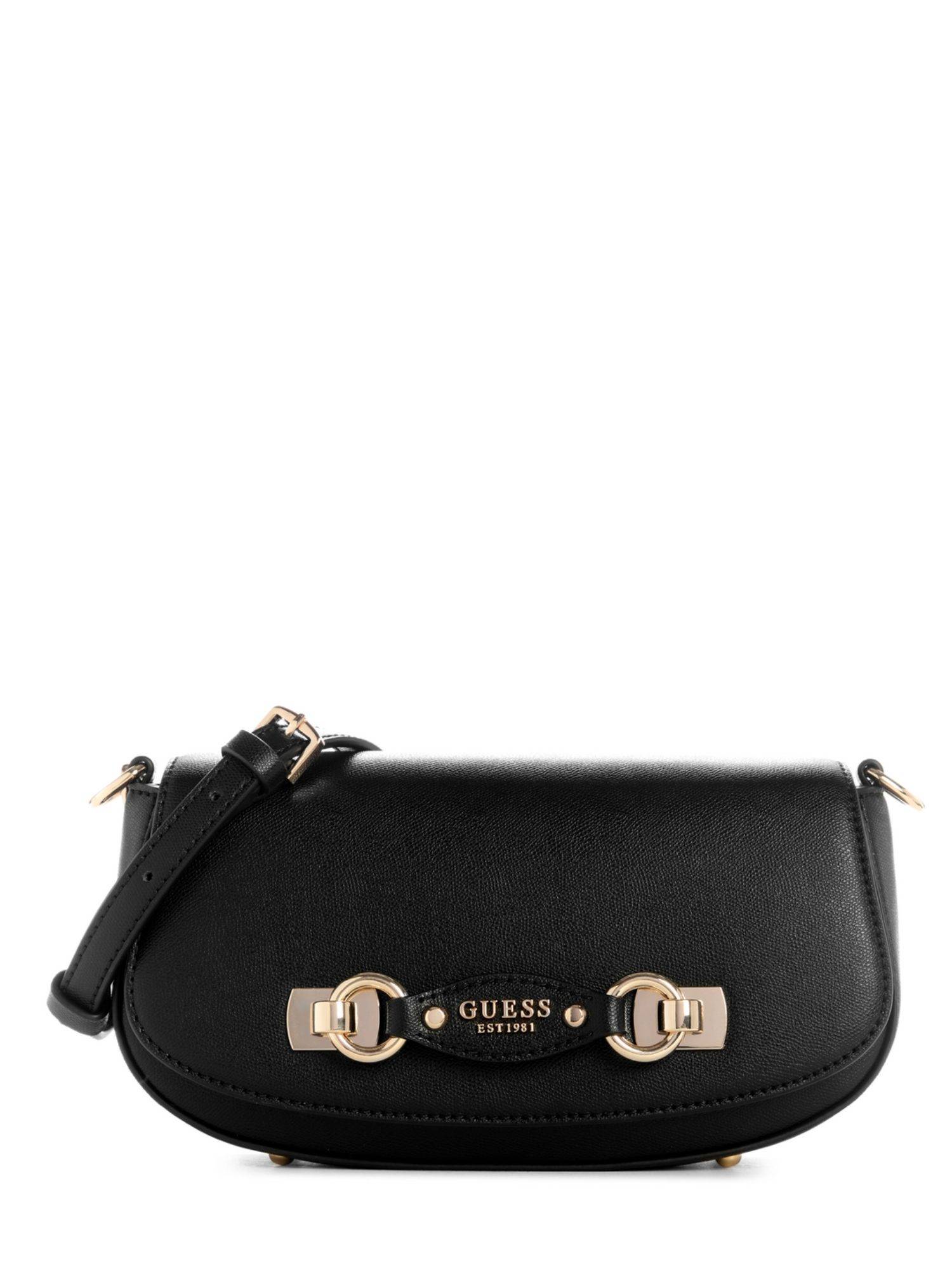 Guess Black Textured Mimina Flap Crossbody Sling Bag with Detachable Strap
