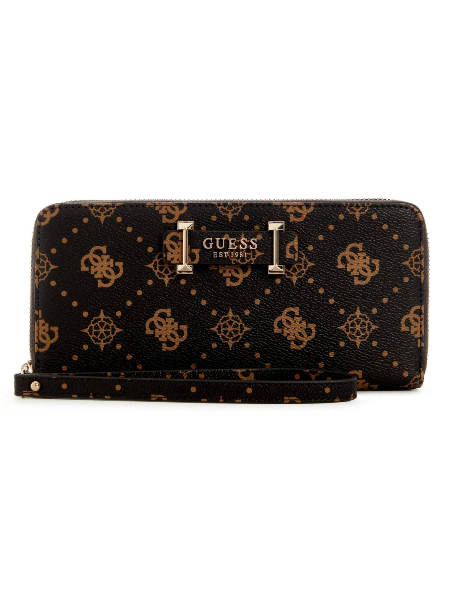 Guess Espresso Logo Printed Silia Large Zip Around Wallet