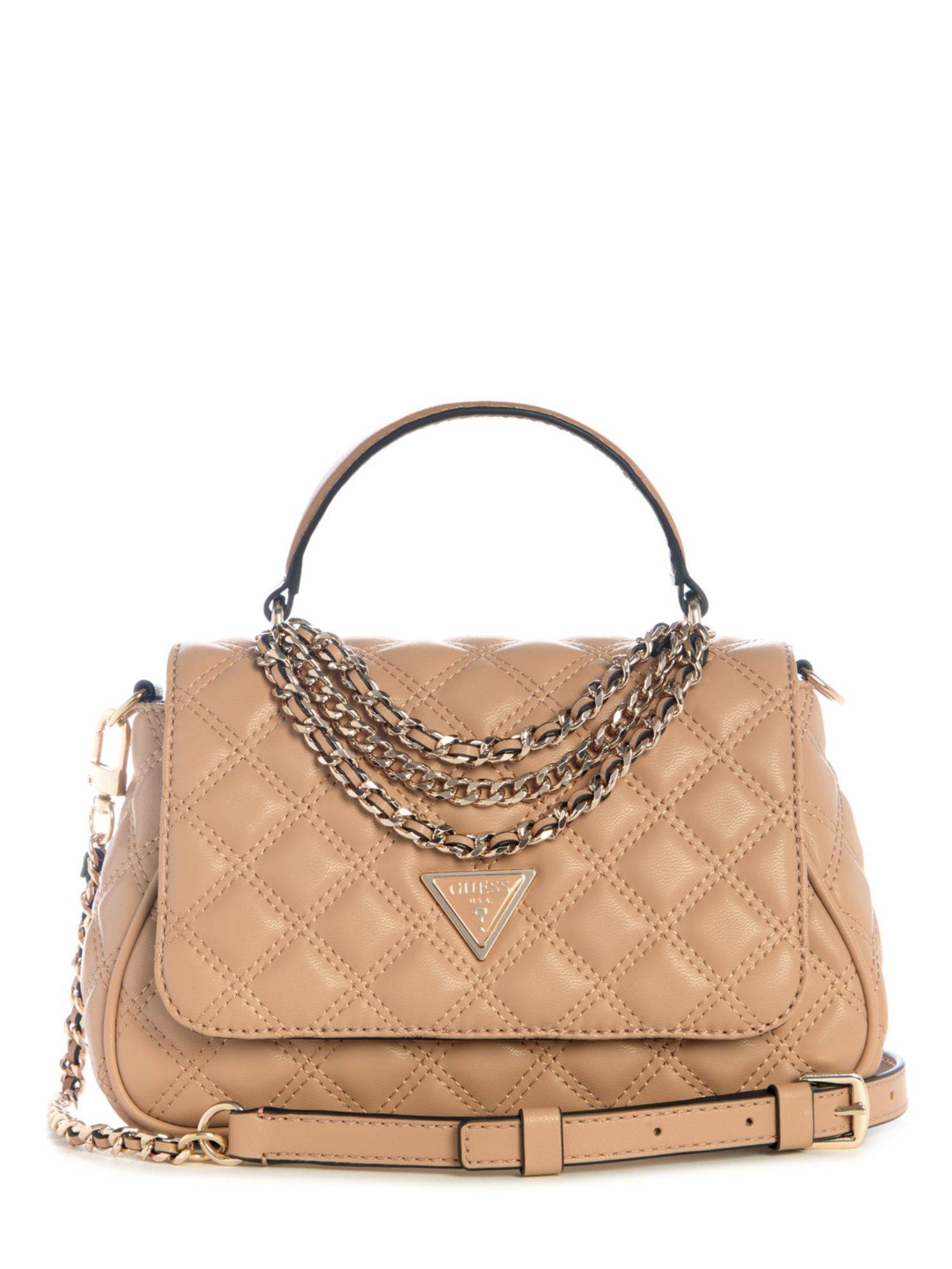 Guess Beige Quilted Giully Top Handle Satchel Bag with Detachable Strap