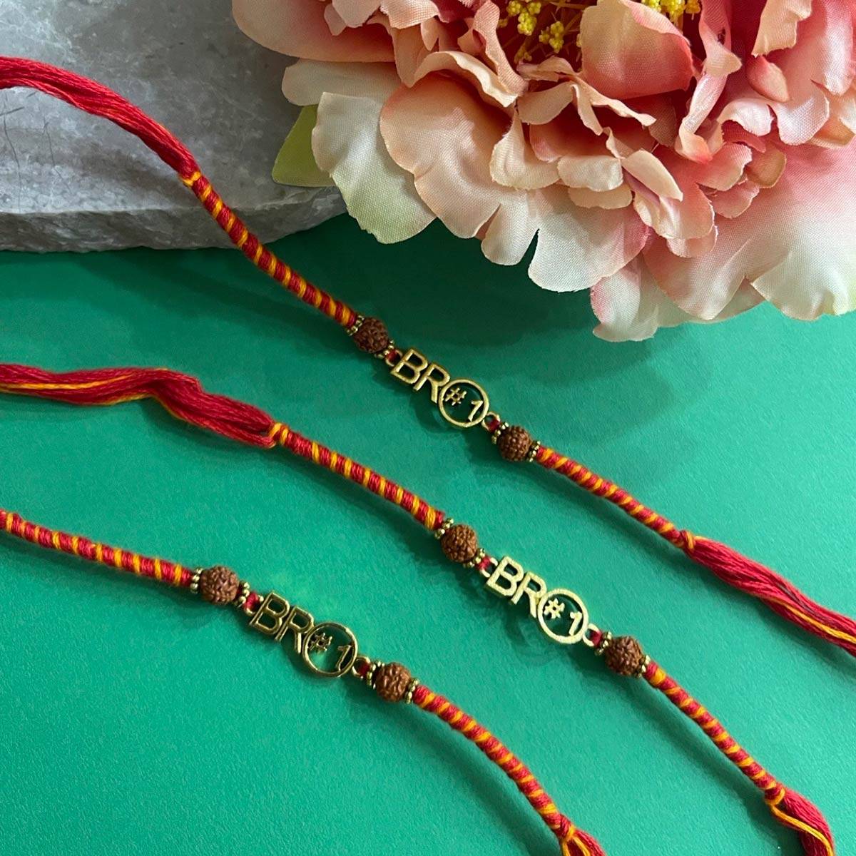 Digital Dress Room Unique Bro No.1 Rakhi Rudraksha Beads Handmade Thread Rakhi (Pack of 3)