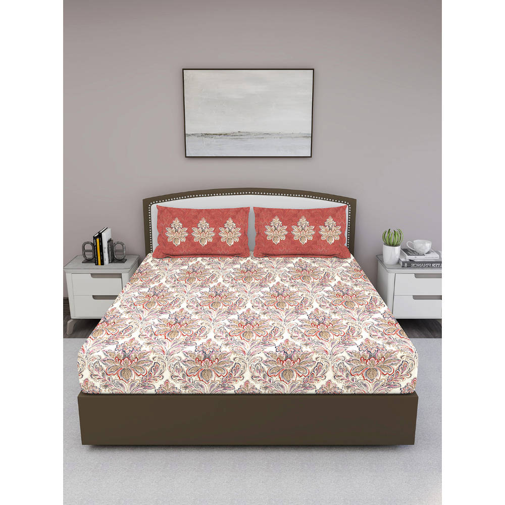 GM White Brown Ethnic Motifs 210 TC King Bedsheet with 2 Pillow Covers