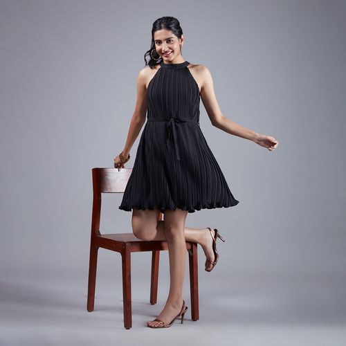 Buy Twenty Dresses by Nykaa Fashion Black Solid High Neck Tie Up Short Dress  (Set of 2) Online