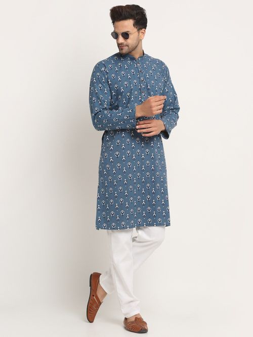 Kraft India Men Cotton Jaipuri Printed Blue Knee Length Kurta Only (S)