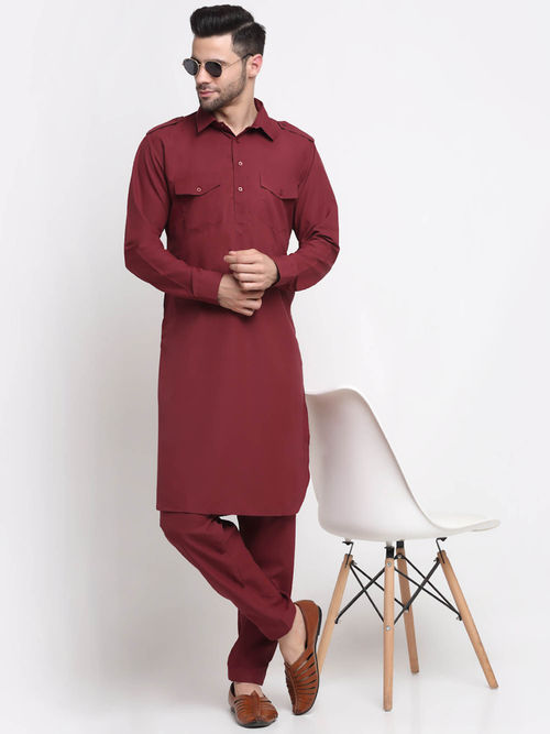 Kraft India Men Cotton Maroon Pathani Kurta with Trousers (Set of 2) (S)
