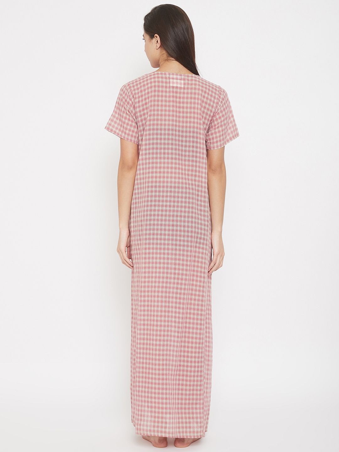 The Kaftan Company Checks Semi Sheer Cotton Nighty With Embroidered