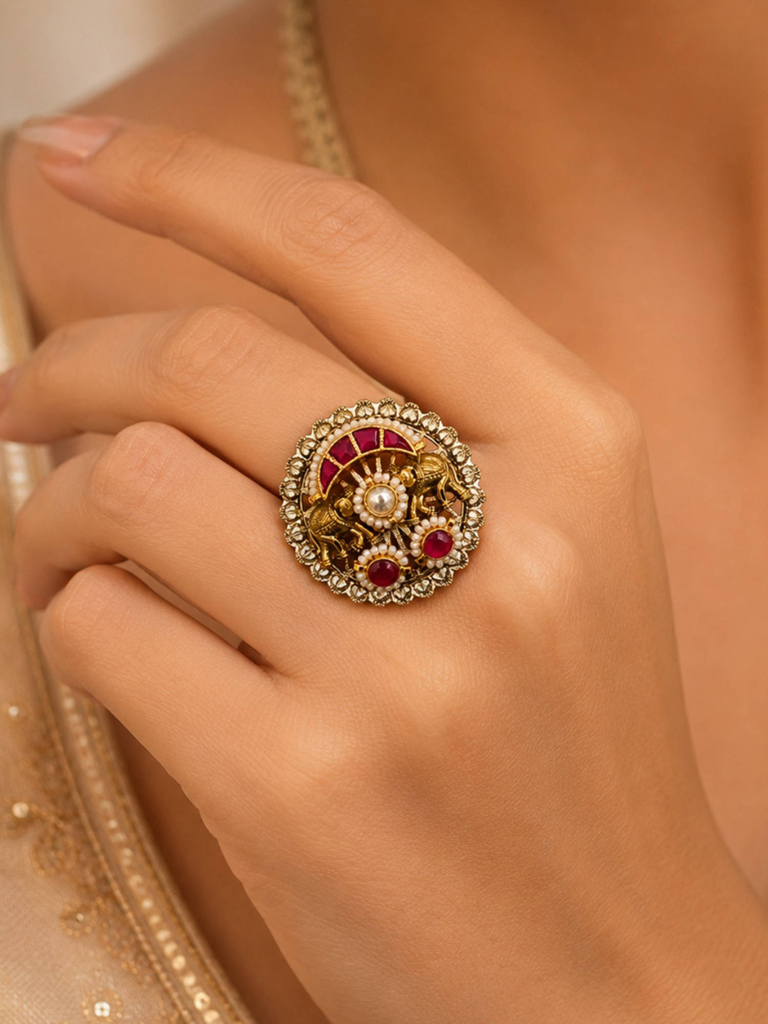 Viana Jewels Royal Pachi Adjustable Kundan Ring