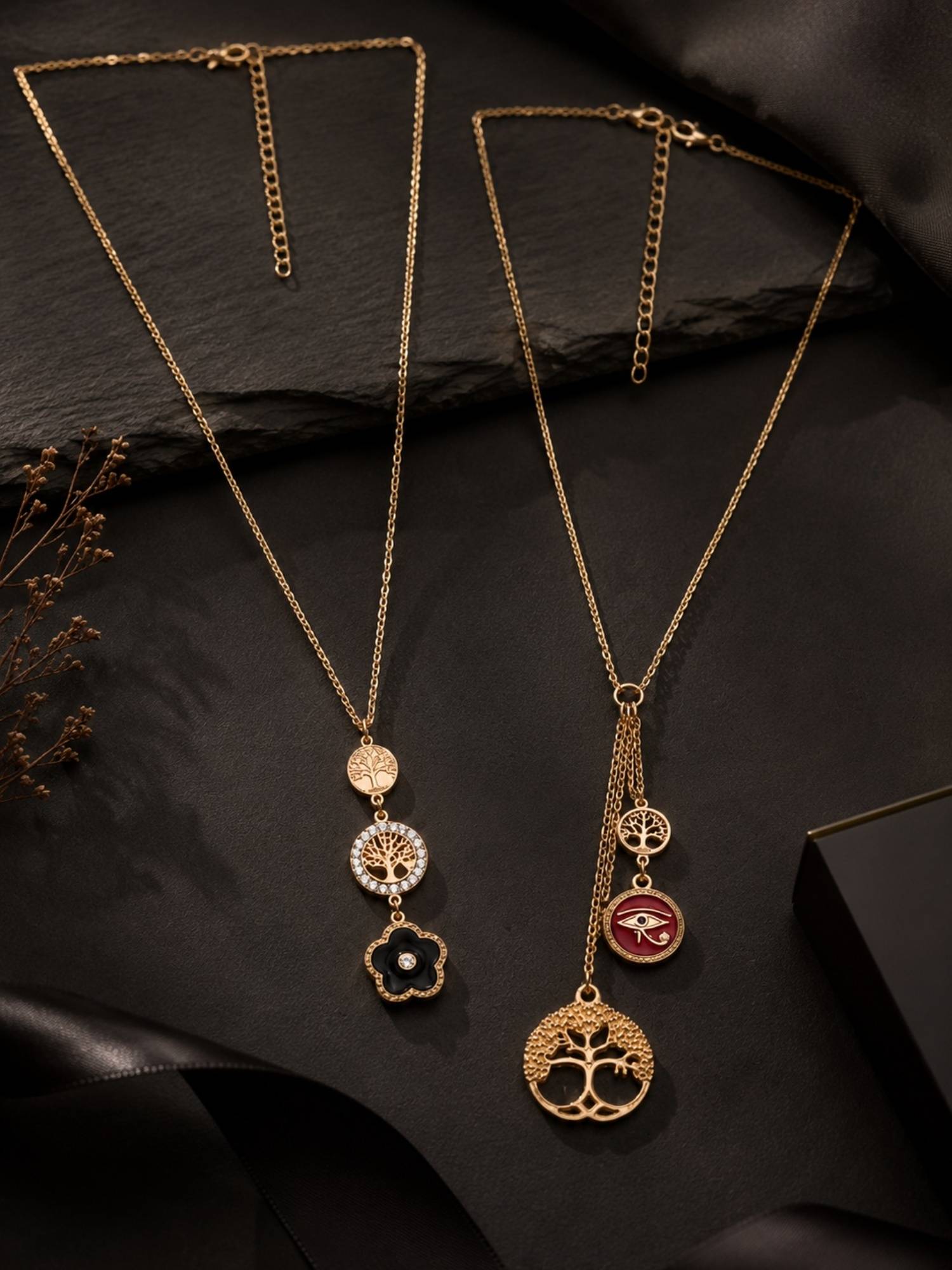 SUGARFRILL Gold Plated Layered Necklaces with Tree Of Life (Pack of 2)