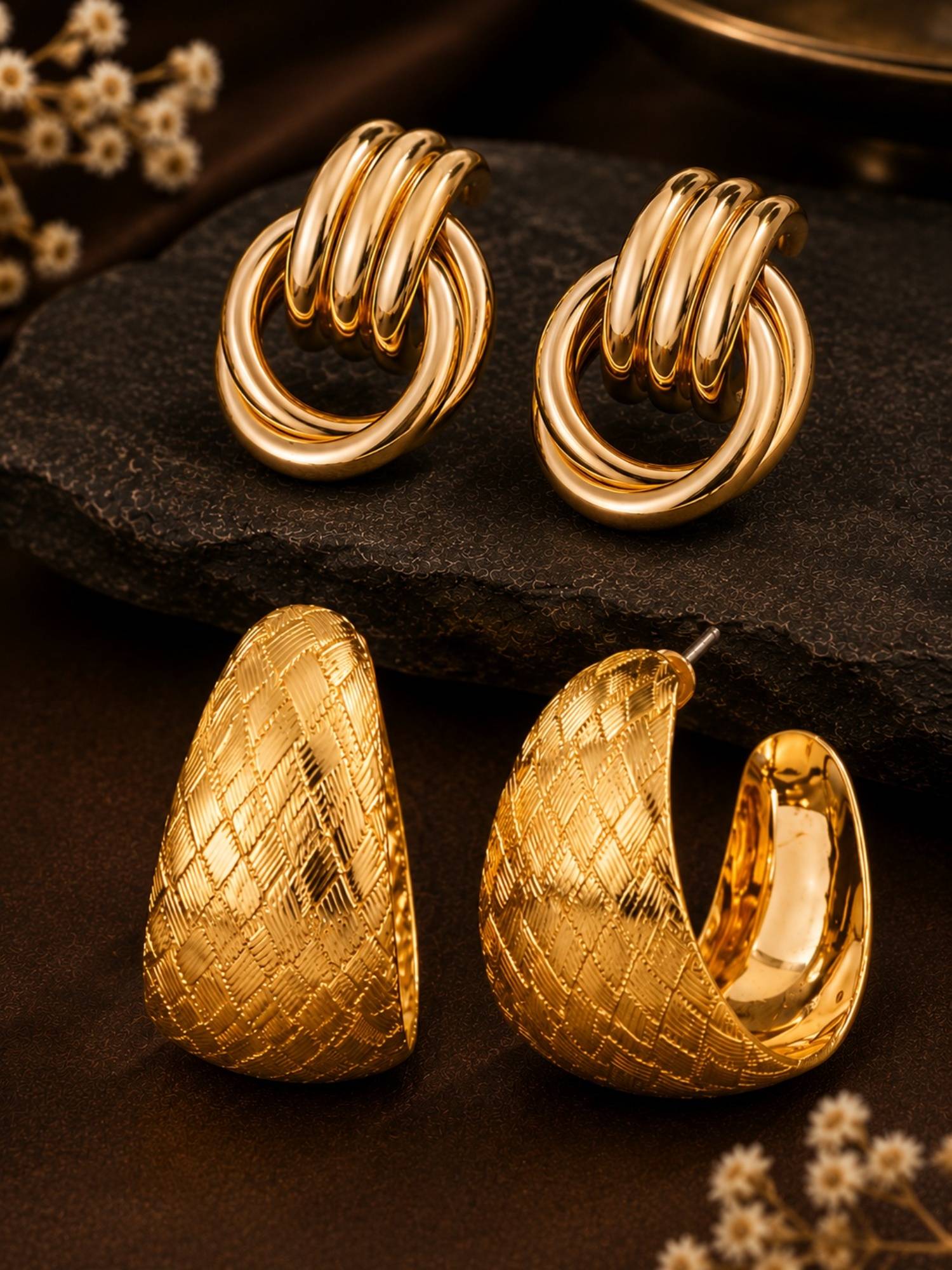 SUGARFRILL Gold Plated Textured Half Hoop and Multi Hoop Earrings (Pack of 2)