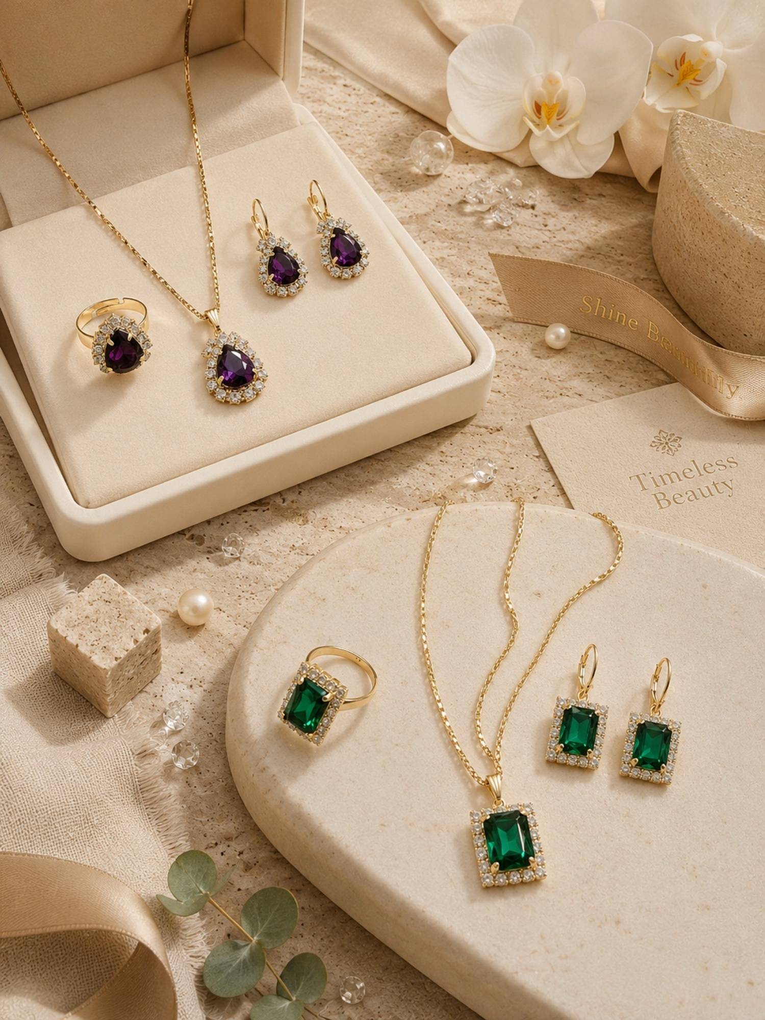 SUGARFRILL Gold Plated Cubic Zirconia Multi-Colour Jewellery Set
