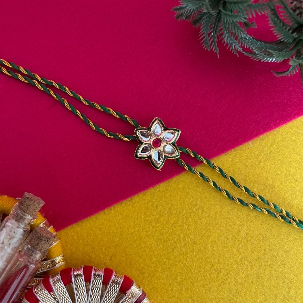 Digital Dress Room Gold Plated Flower Kundan Pendant Rakhi For Raksha Bandhan