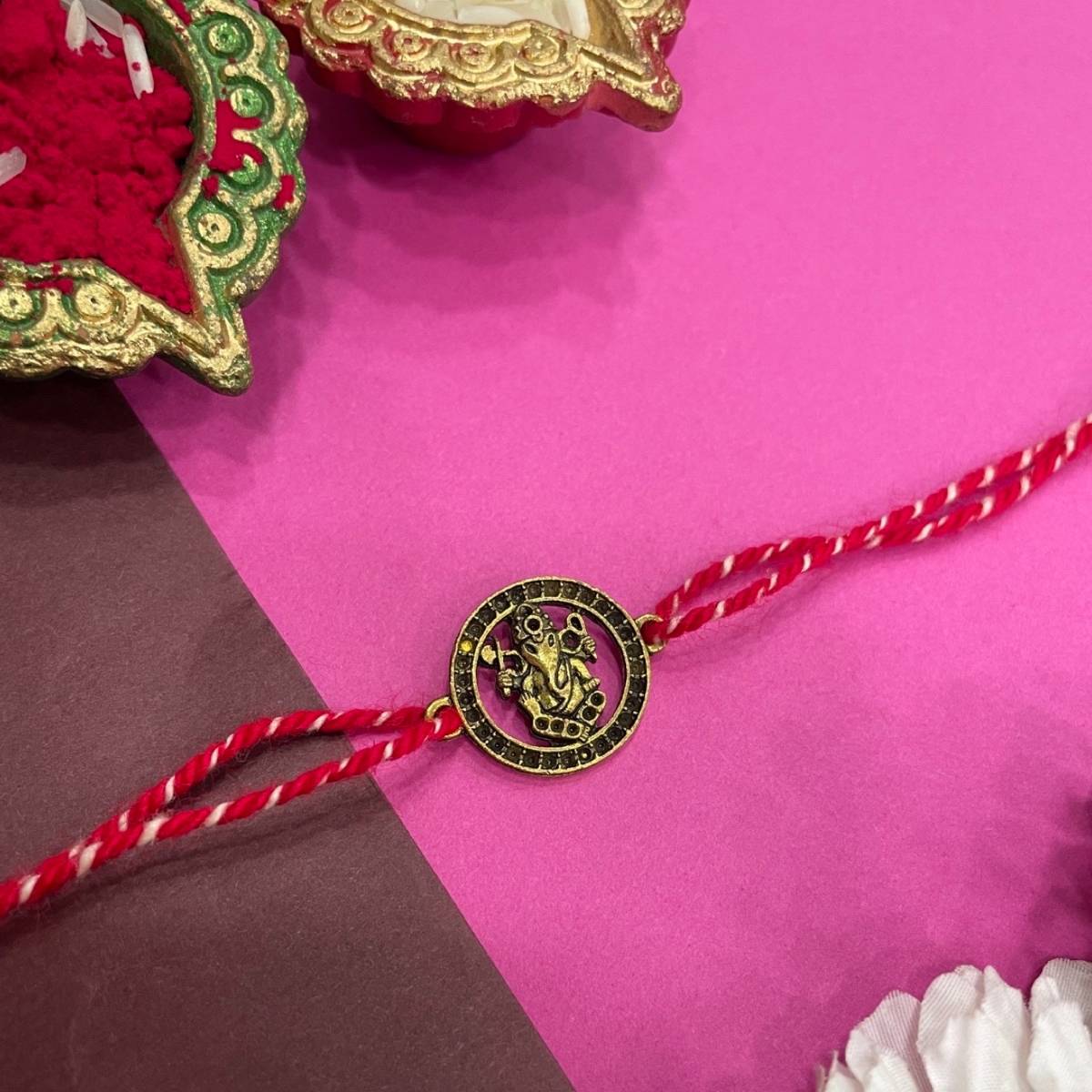 Digital Dress Room Gold Plated Lord Ganesha Round Pendant Thread Rakhi For Raksha Bandhan