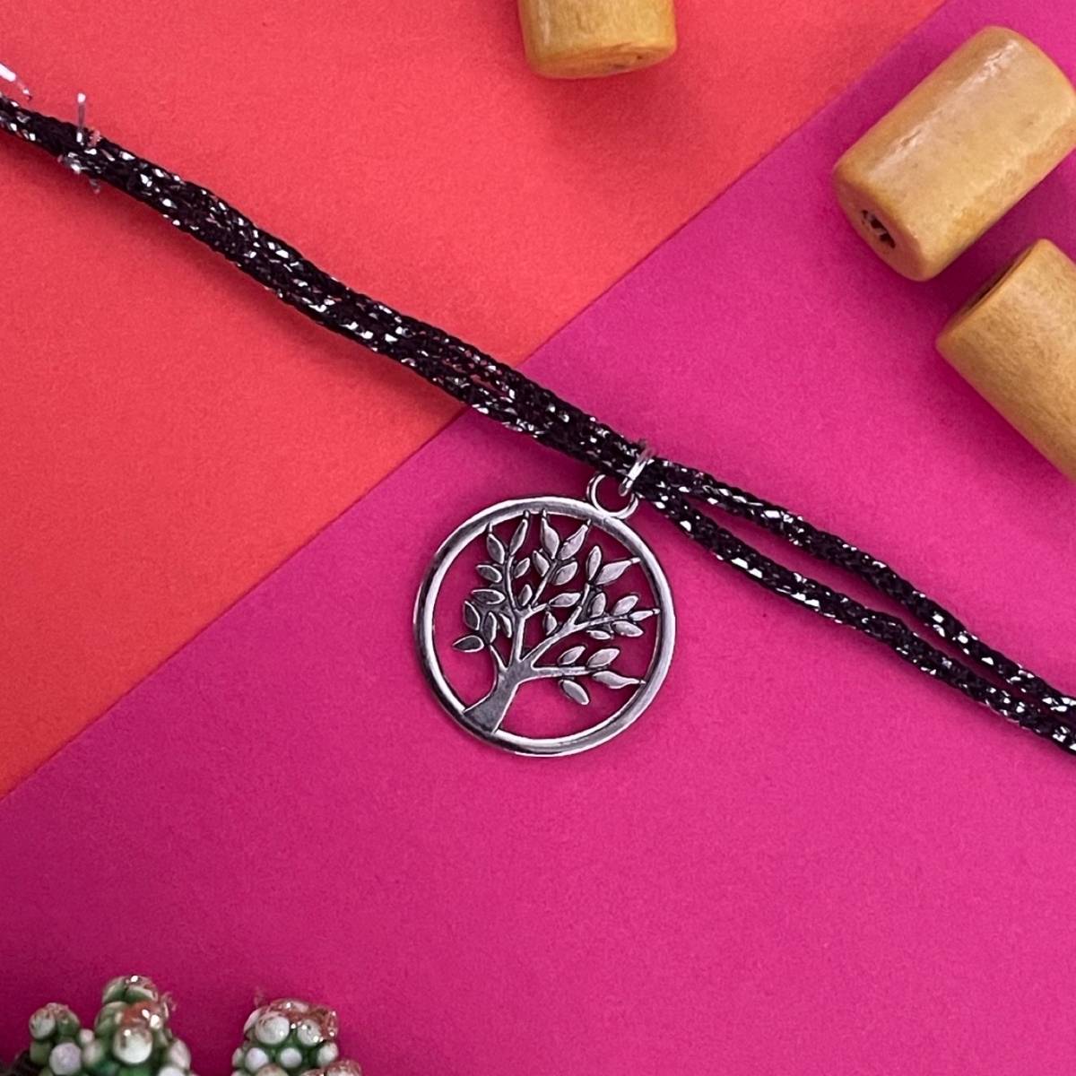 Digital Dress Room Silver Plated Tree Of Life Charm Pendant Thread Rakhi For Raksha Bandhan