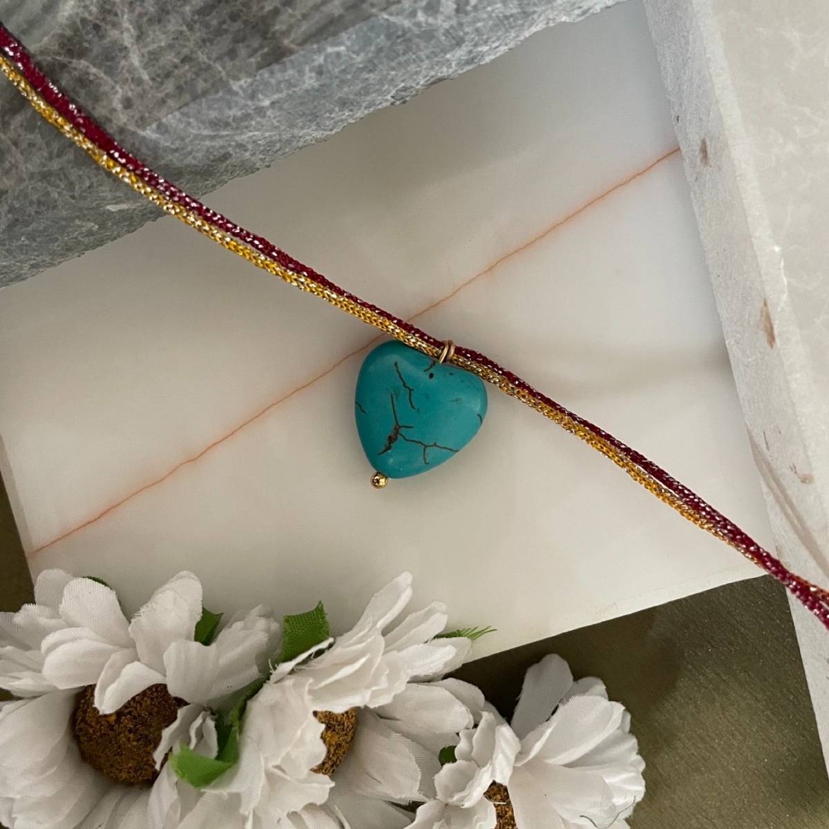Digital Dress Room Blue Turquoise Stone Heart Thread Rakhi For Raksha Bandhan