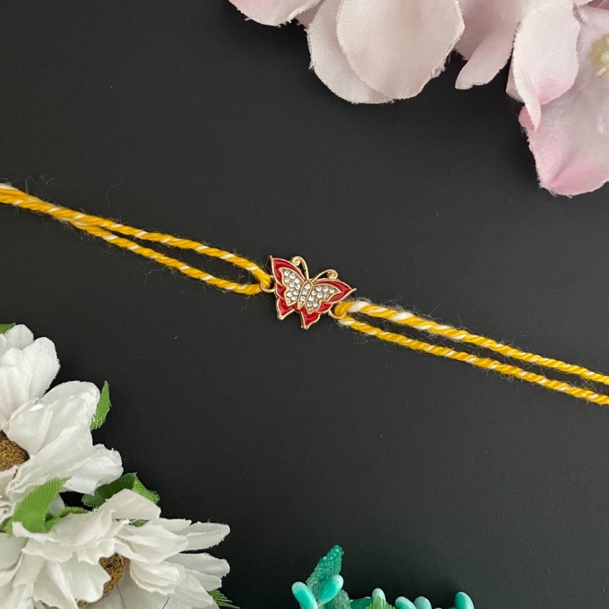 Digital Dress Room Gold Plated Ad Red Butterfly Charm Pendant Thread Rakhi For Raksha Bandhan