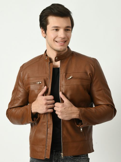 TBOJ Men Solid Leather Jacket Brown