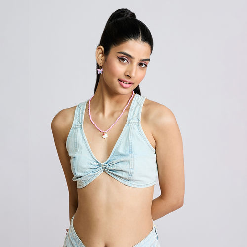 MIXT by Nykaa Fashion Blue V Neck Denim Bralette Crop Top (S)