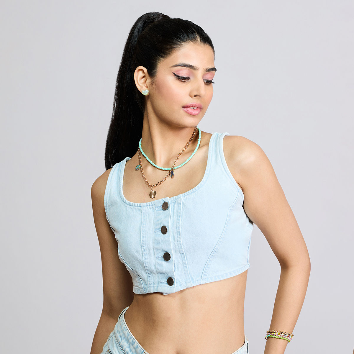 Buy MIXT by Nykaa Fashion Blue Scoop Neck Corset Denim Crop Top Online