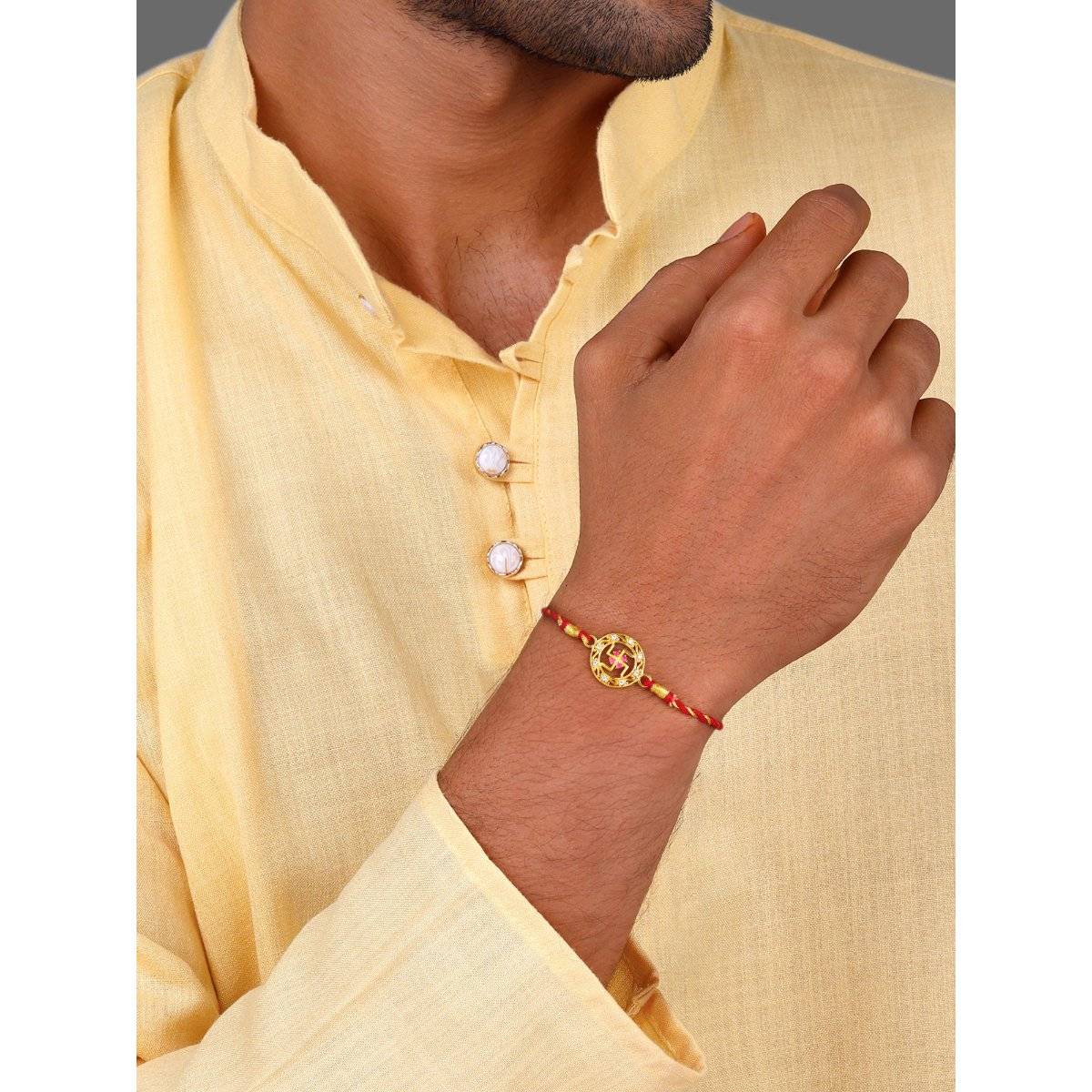 GIVA 925 Silver Golden Swastik Rakhi with Roli Chawal