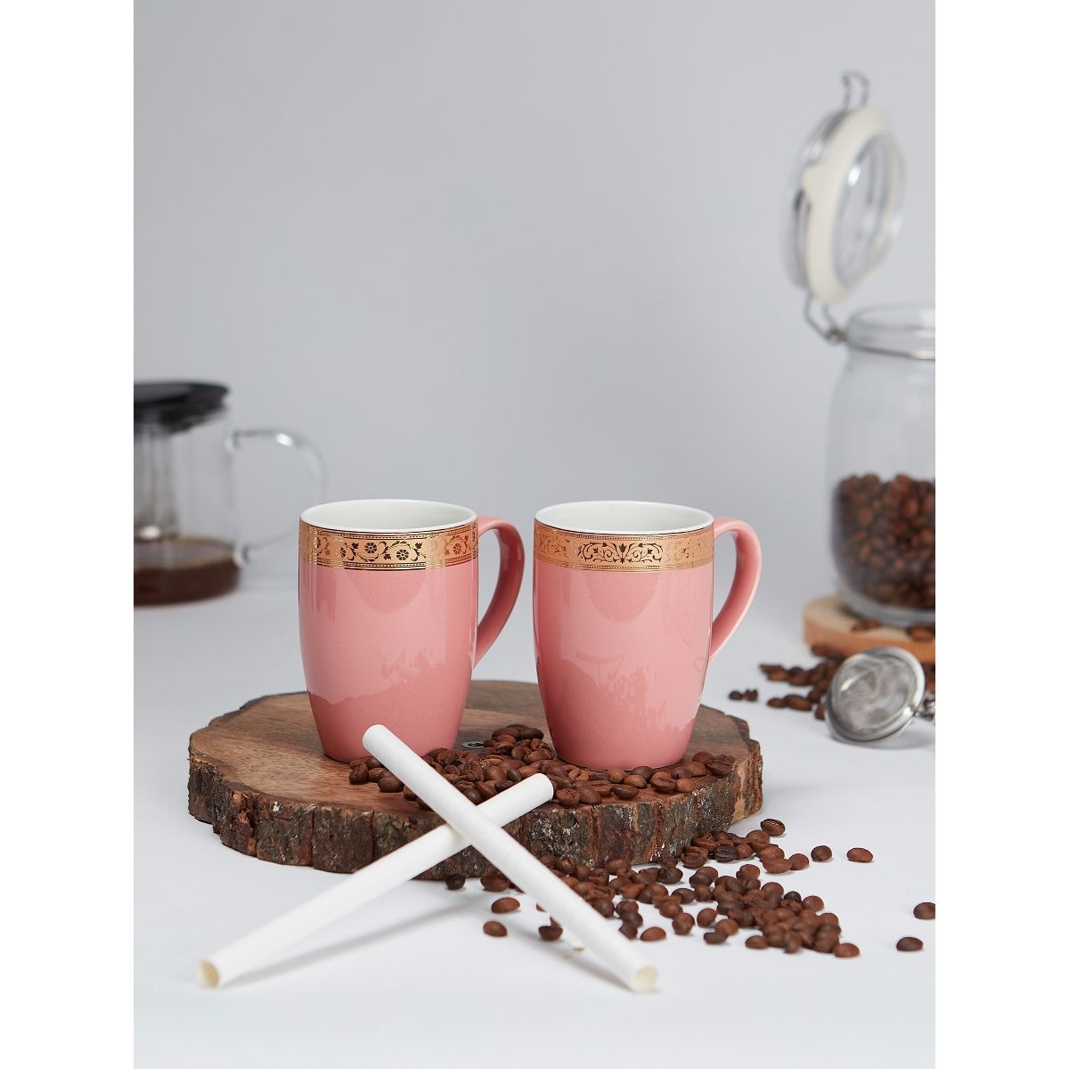 Vola Scarlet Mugs with Golden Border Set of 2 250ml (Blooming Dalhia