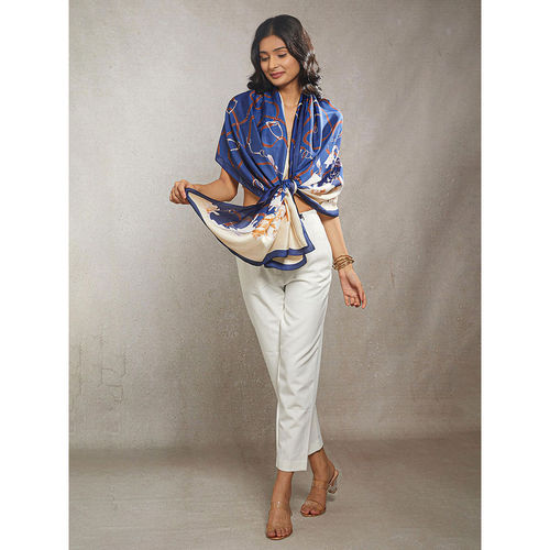 CrossKulture Women Navy Blue Printed Satin Scarf